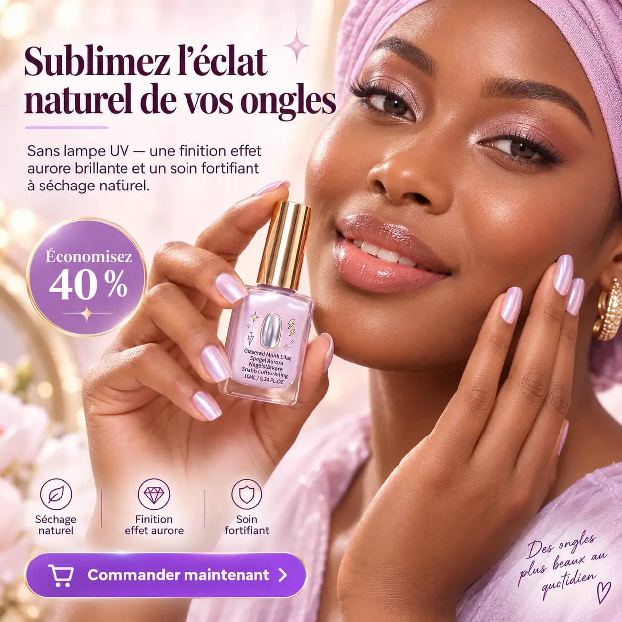 Fortifiant à Ongles Effet Miroir Brillant Lilas – 10 ml – Finition Aurora Glacée & Séchage Rapide à l’Air pour Ongles Renforcés