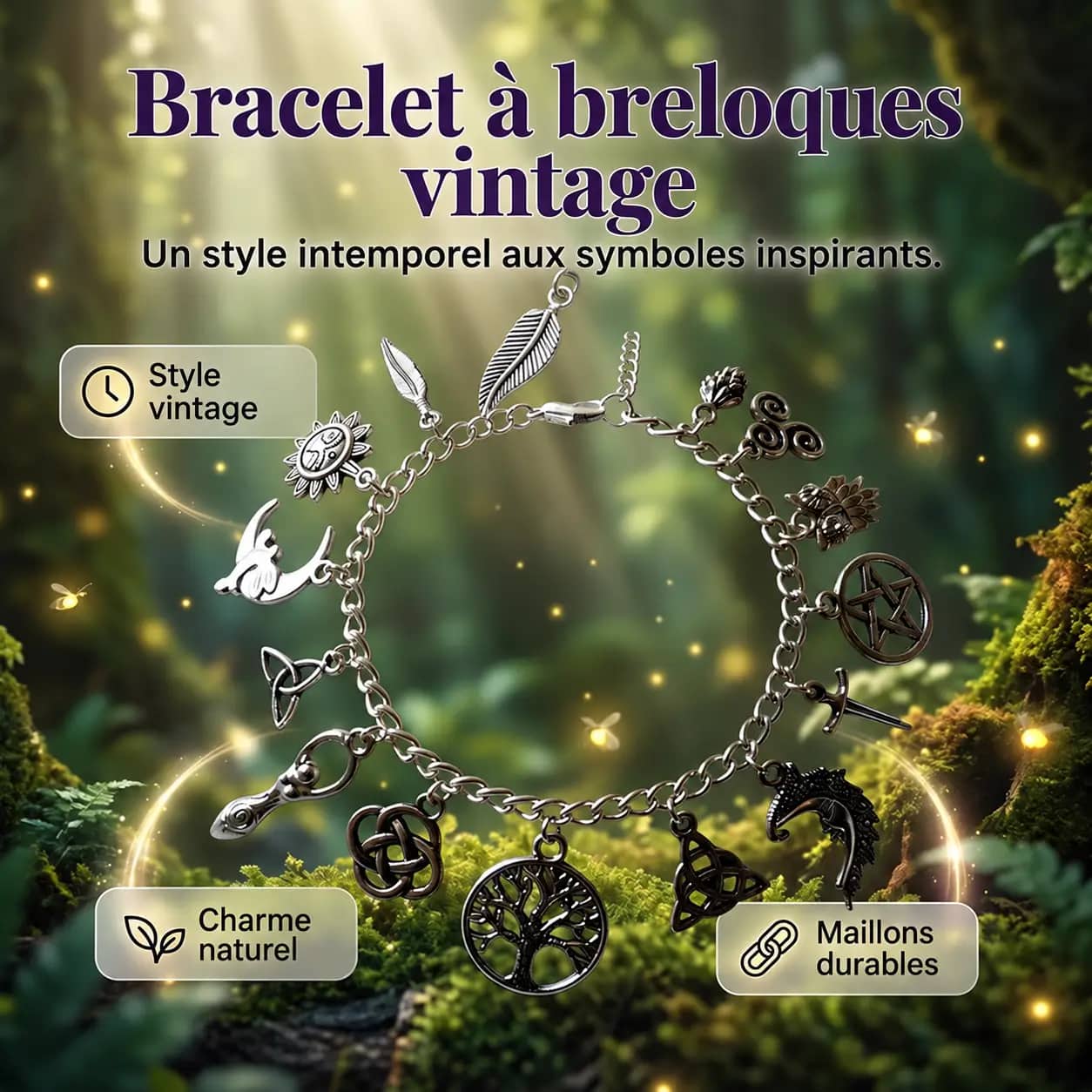 Bracelet Vintage à Breloques – Symboles Décoratifs & Finition Antique – Élégance Bohème au Quotidien
