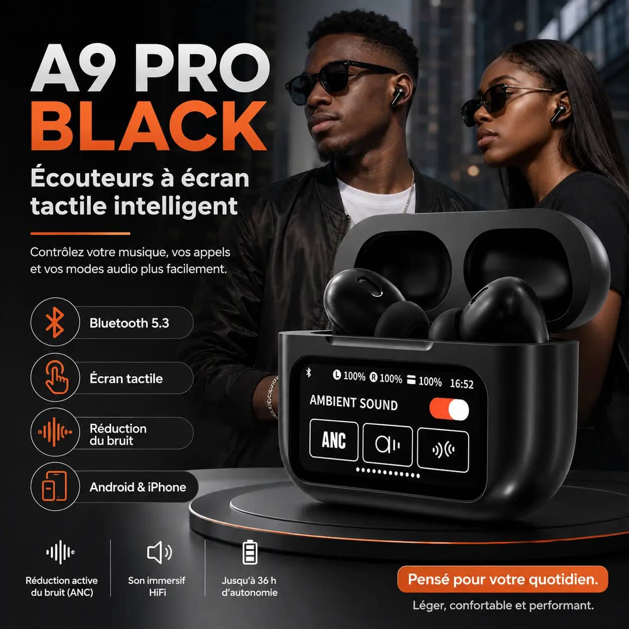 Airpods A9 Pro Black écran tactile intelligent - réduction du bruit