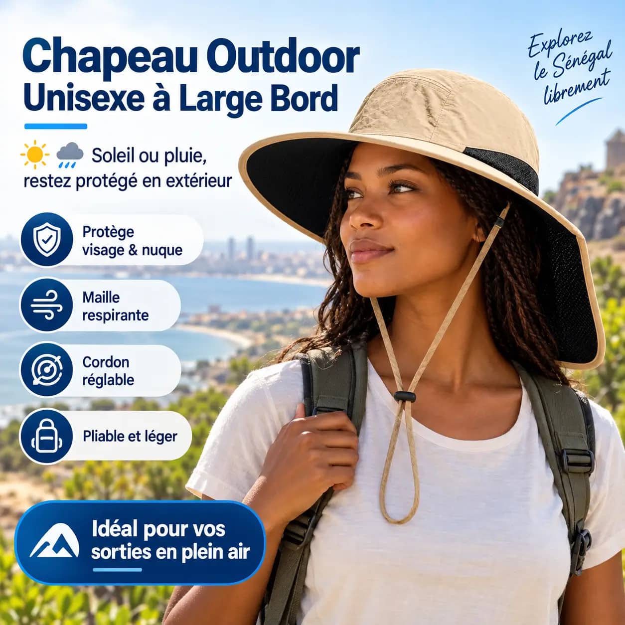 Chapeau Unisexe à Large Bord et Cordon Réglable