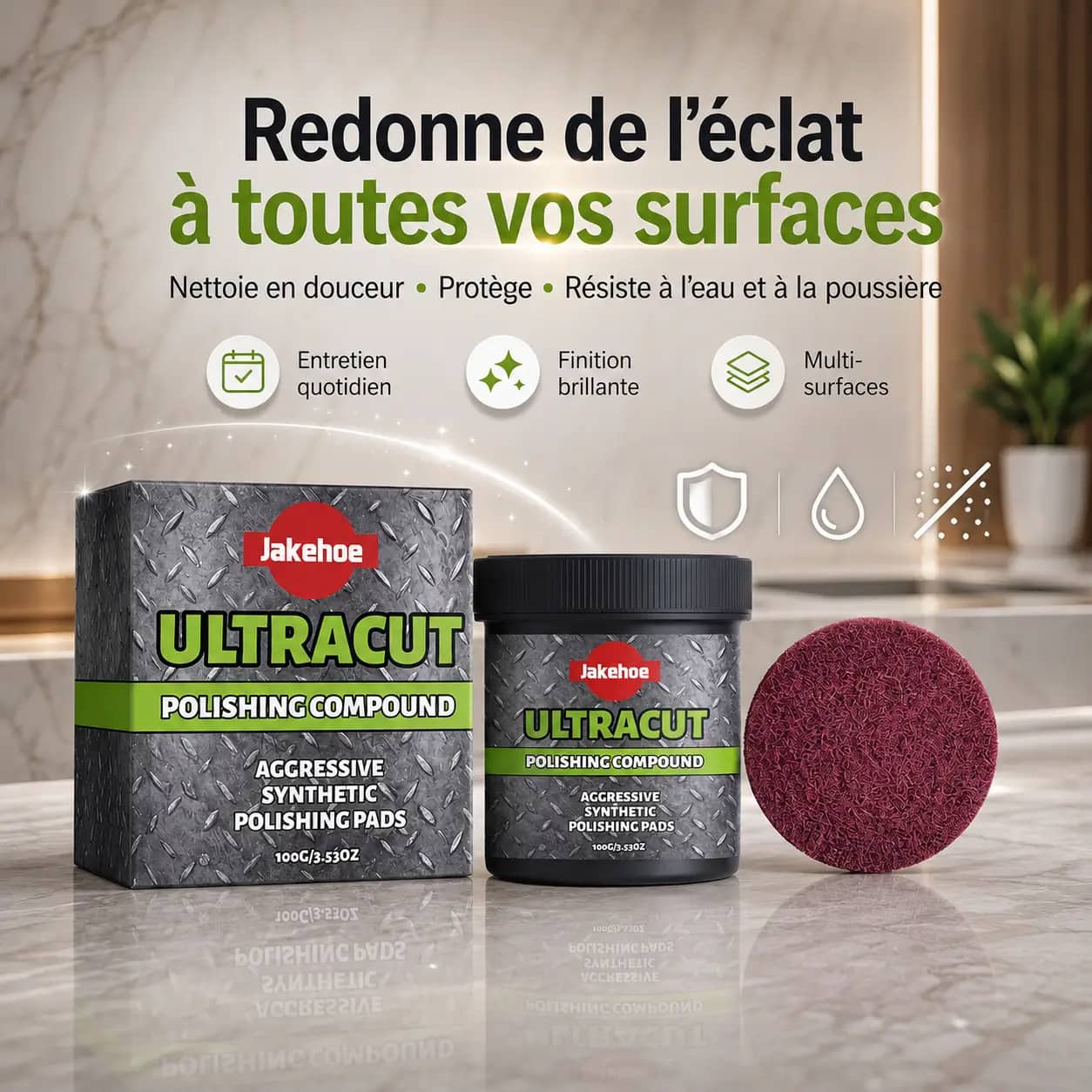 Produit de polissage pour toutes les surfaces – restaure la brillance – forme une couche protectrice – résiste à l'eau et à la poussière