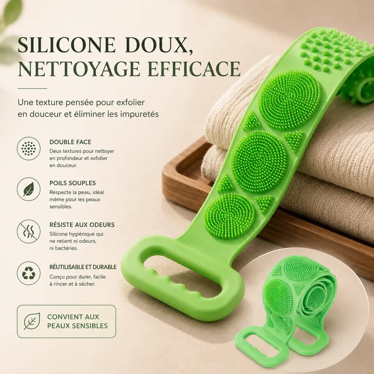 Brosse de Bain et Grattoir pour le Dos 2-en-1 en Silicone