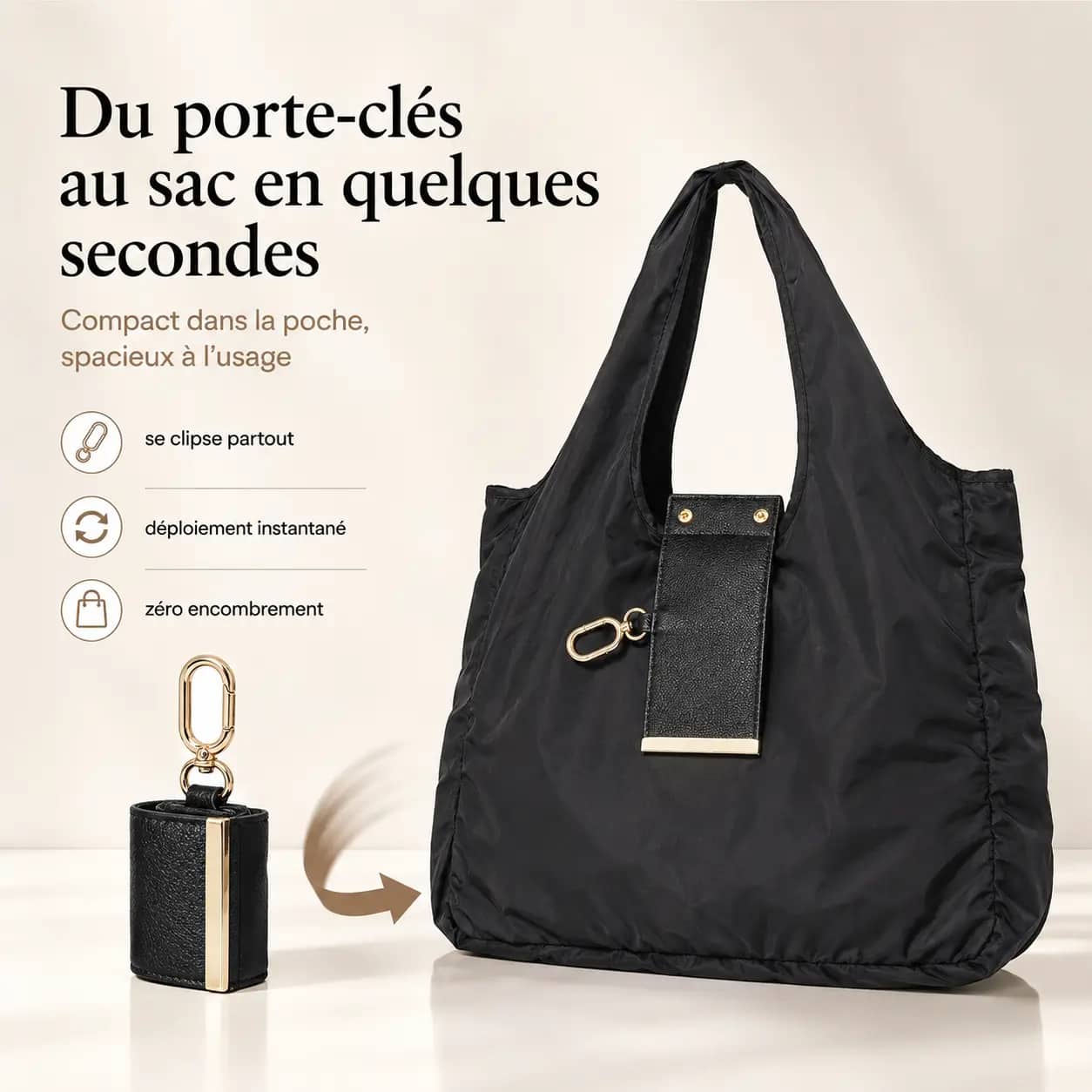 🔥 DERNIER JOUR DE PROMO : -50 % 👜✨ Sac de shopping pliable en porte-clés – Réutilisable & écoresponsable