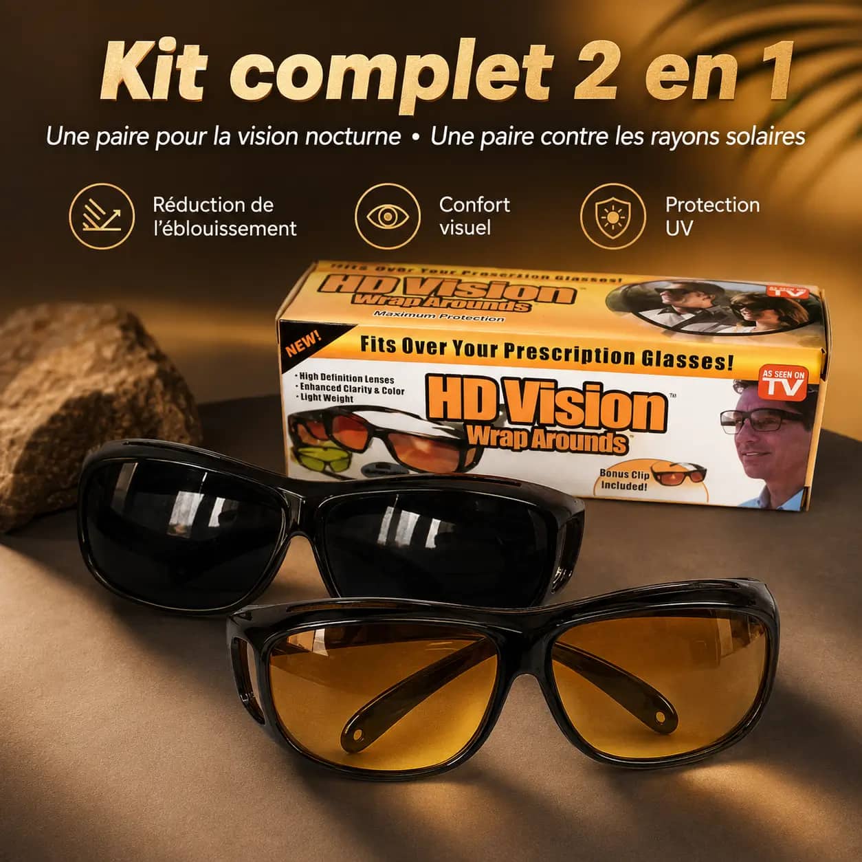 Kit complet 2 en 1 - Deux Lunettes - Pour la vision nocturne & contre les rayons solaires
