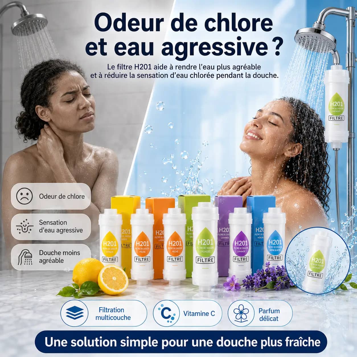 Filtre de Douche Multi-Parfums Vitamine C Anti-Chlore, Impuretés, Sécheresse et Mauvaises Odeurs