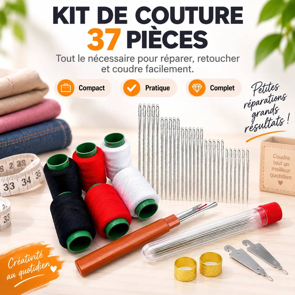 Ensemble d'outils de couture 37 pièces, kit de couture multifonction