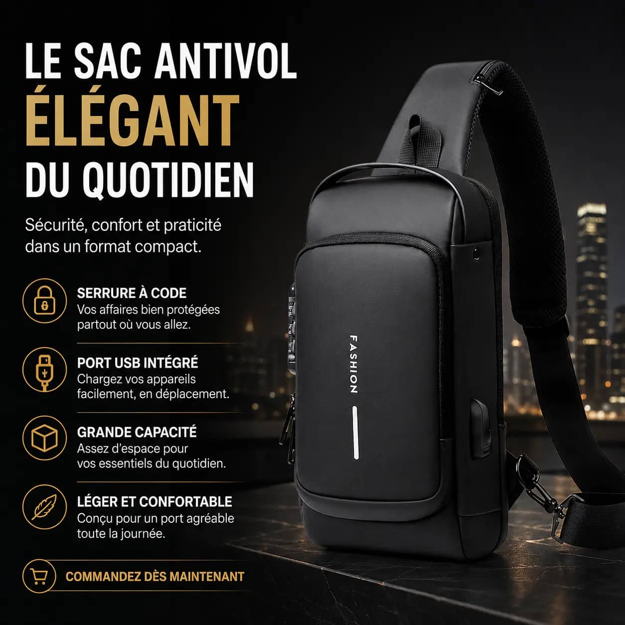 Sac Bandoulière Antivol avec Serrure à Code & Port USB