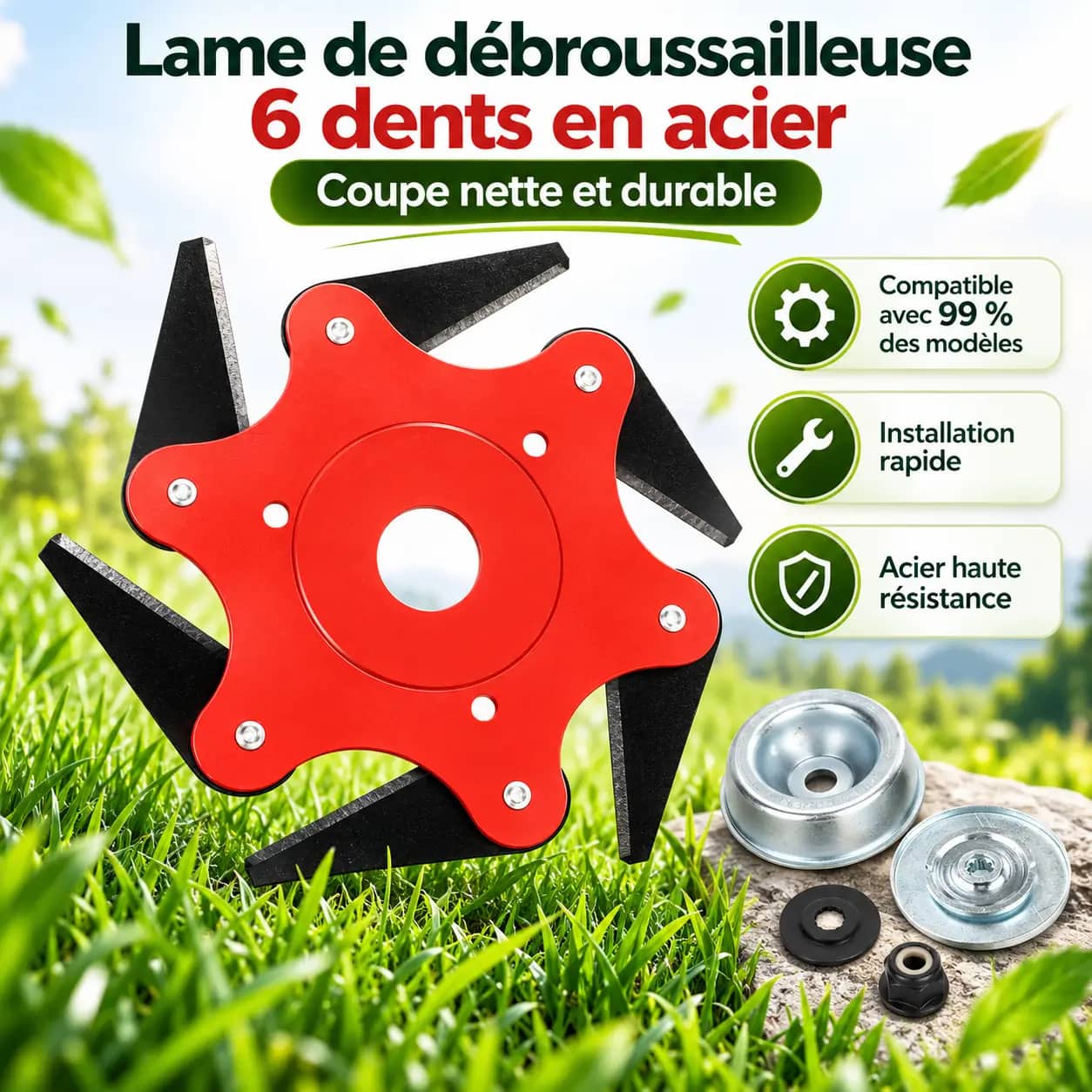 Lame de débroussailleuse 6 dents en acier – Tête de coupe pour débroussailleuse – Compatible avec 99% des modèles – Coupe nette et durable